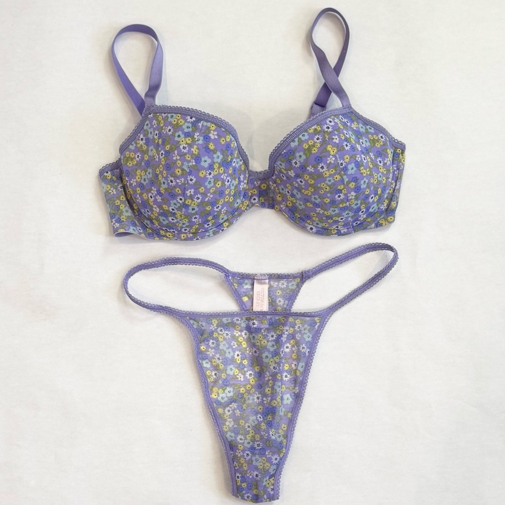 Y2K Victoria’s Secret Micro Mesh Lilac Floral Vintage Bra Panty 2PC Set M 36C